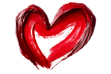 Red heart shape created with bold lipstick brushstrokes isolated on transparent background