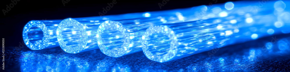 Poster glowing blue fiber optic cables are laid out on a reflective surface. concept of high-speed internet
