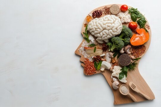 A creative display of healthy food items is arranged in the shape of a brain, emphasizing the connection between nutrition and mental health for overall well-being.