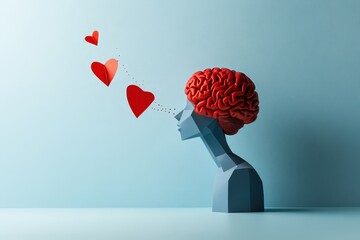 A thought-provoking artistic sculpture of a brain releasing heart symbols, illustrating the profound emotional connections between intellect and feelings of love.