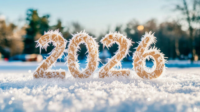 New year 2026 numbers in snow with bokeh lights, holiday and winter theme