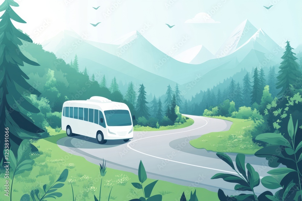 Poster captivating tour bus navigating a winding road amidst lush greenery and majestic mountains. generati