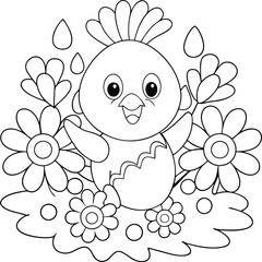 Adorable Chick Emerging, Spring Flowers, Rain, Coloring Page