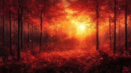A serene autumn forest scene illuminated by warm sunlight and falling leaves.