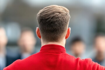 Man in Red Shirt Seen From Behind at Gathering