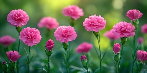 Fototapeta premium Magenta carnation blossoms closeup fresh vibrant lush green background