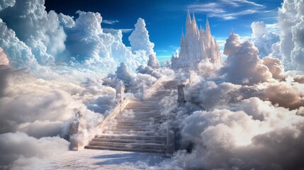 Feathered staircase ascending to a majestic castle in the sky, intricate details and ethereal beauty, enchanting and surreal atmosphere