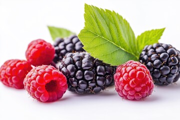Fresh raspberries and leaves arranged on a clean white surface, perfect for food or nature photography
