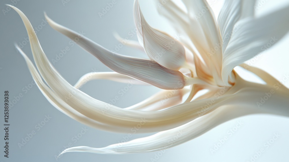Poster a close-up shot of a white flower sitting on a table, perfect for use in editorial or commercial con