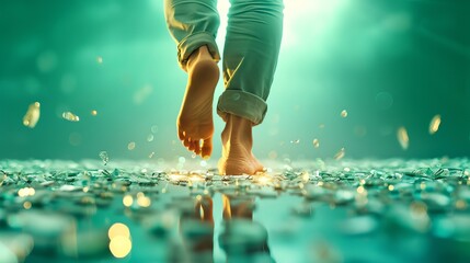 A person walks barefoot across a shimmering surface of broken glass, creating a stunning visual of contrast and light.