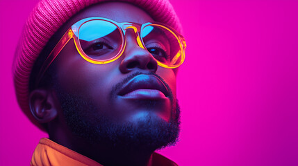 Stylish portrait of a confident man wearing neon glasses and beanie
