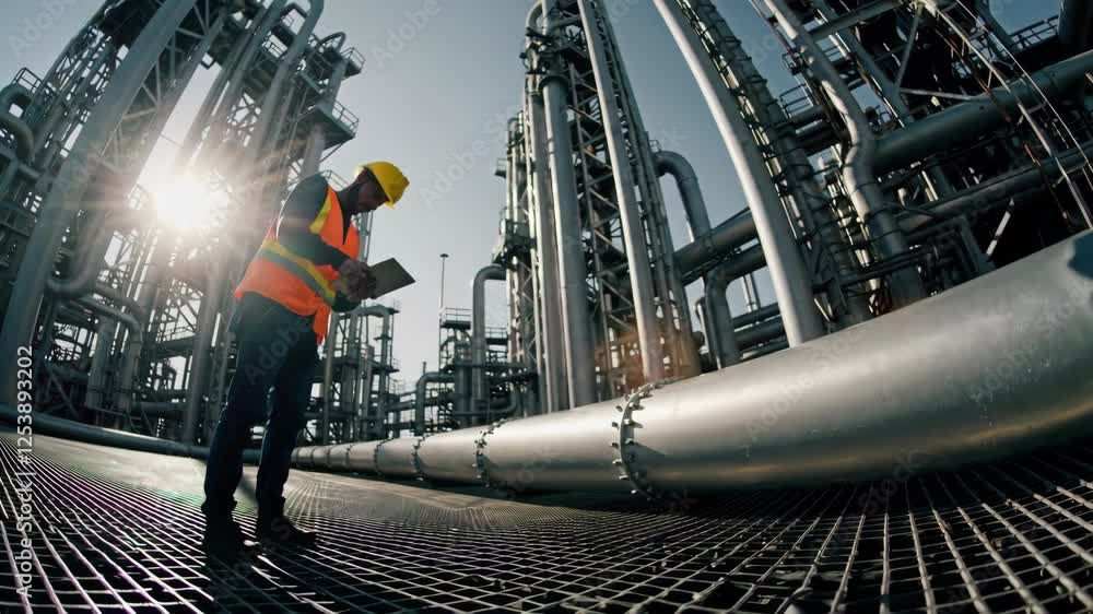 Poster worker inspecting pipelines in a massive refinery complex