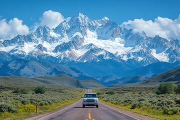 Driving towards the majestic sawtooth mountains in idaho on a sunny day