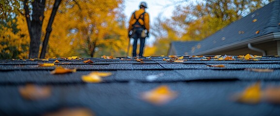 Autumn Roof Inspection Worker on Shingles, Fall Foliage