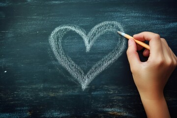Hand drawing heart shape on chalkboard surface