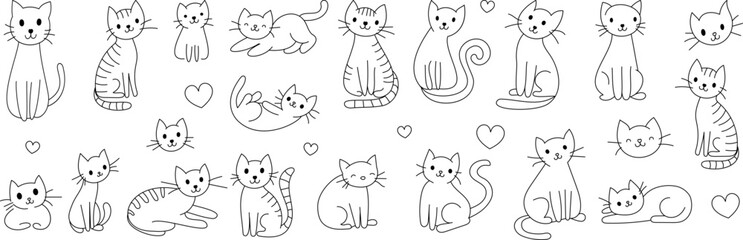 Cute Hand Drawn Doodle Cats Funny Kittens Collection - Simple funny cute doodle cats, line outline icons set in different poses and unusual interpretation vector illustration isolated on white.