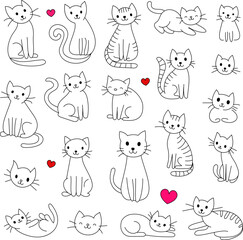 Cute Hand Drawn Doodle Cats Funny Kittens Collection - Simple funny cute doodle cats, line outline icons set in different poses and unusual interpretation vector illustration isolated on white.