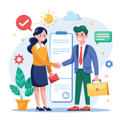 People shaking hands at work - Two businesspeople, man and woman doing handshake in office at work while smiling over business agreement and deal. Flat design stock illustration on white background