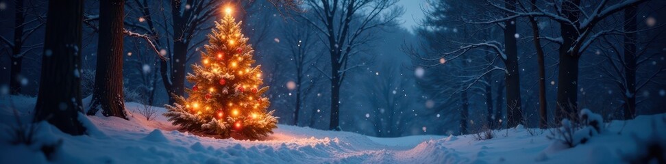 Magical glow wraps around Christmas tree in dark forest with snowfall and sparkling lights, lights, darkness, snow