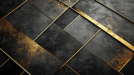 Modern abstract artwork features black textured shapes and gold lines