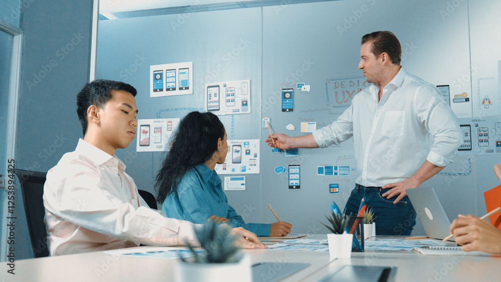 Poster group of professional business people discuss about using ux and ui design. cooperative diverse busi