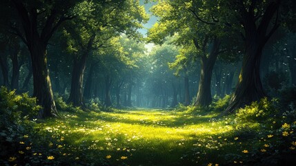 Obraz premium A serene forest scene with sunlight filtering through trees and a carpet of wildflowers.