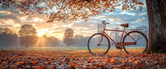 Autumn sunrise, park bike, fallen leaves, peaceful