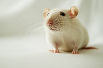 A close-up shot of a white rat perched on a white background