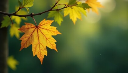 Obraz premium Ornate gold leaf hangs delicately from a tree branch , sun, element, macro