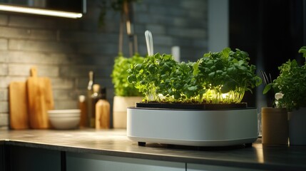 A planter sits atop a kitchen counter, featuring greenery and possibly food or utensils