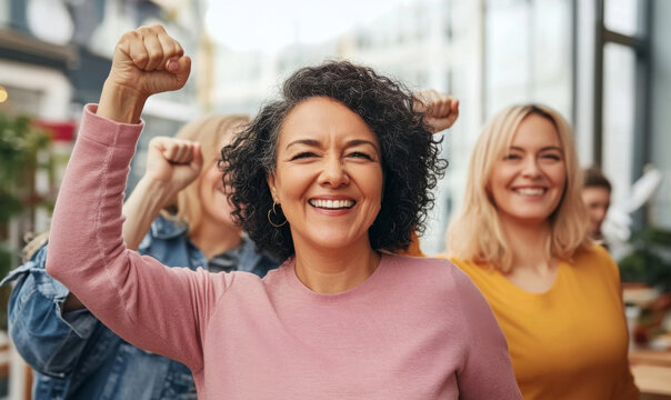 Mixed race women with raised fists of empowerment, strength and women solidarity, International Womens Day concept