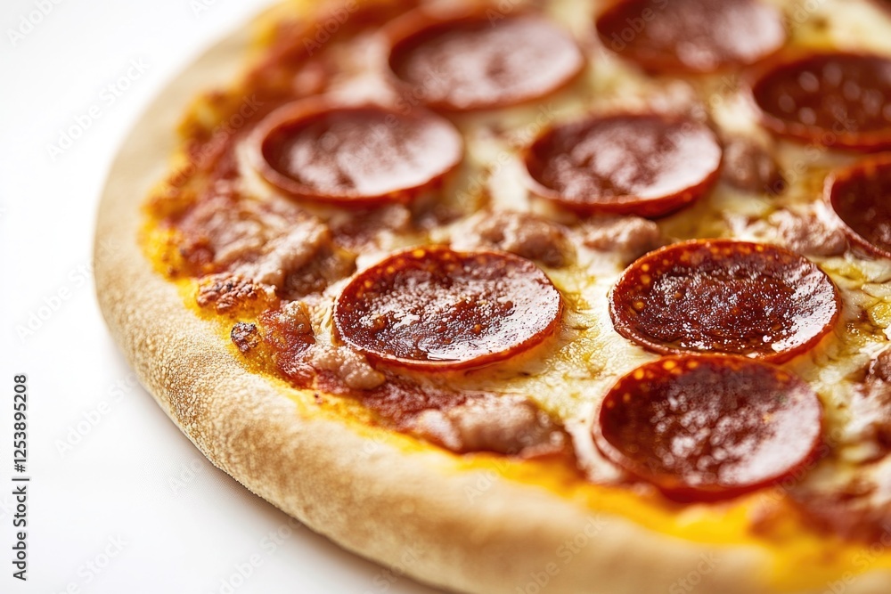 Poster a single slice of pepperoni pizza resting on a clean white table, ready to be devoured
