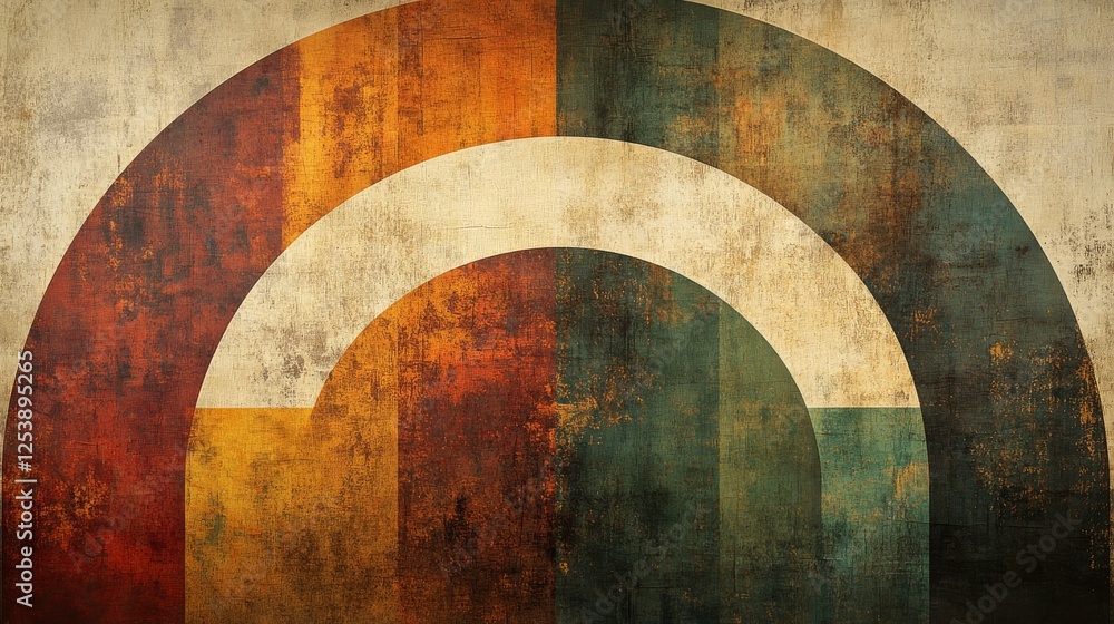 Poster abstract artwork featuring concentric arches and textured color blocks