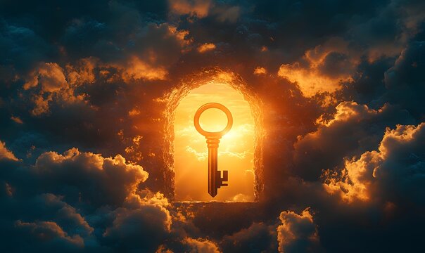 Golden key at a gateway in the clouds with a vibrant orange glowing light