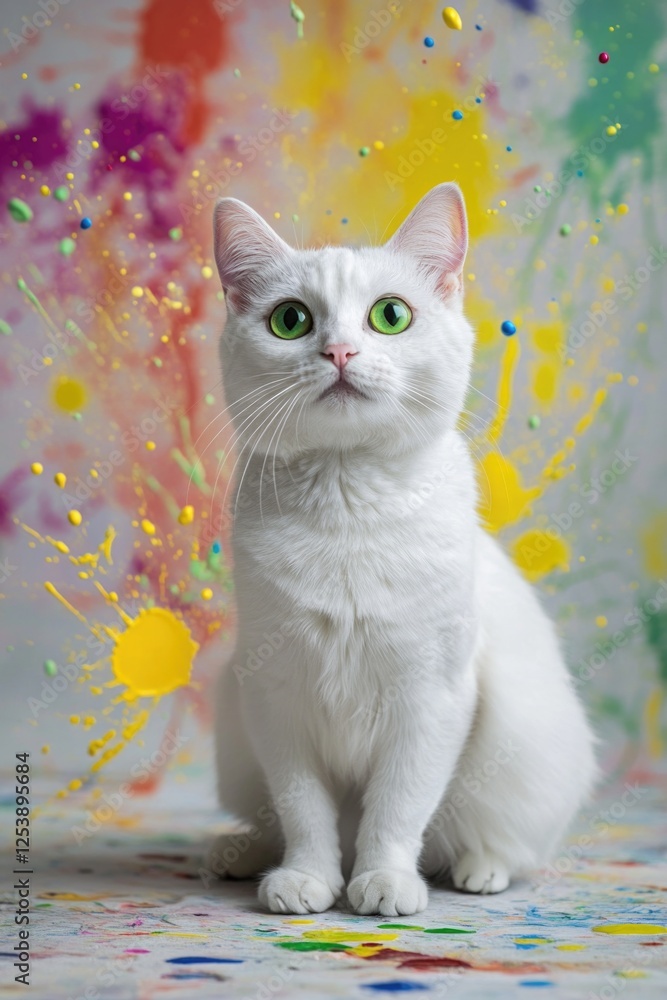 Poster a white cat sits in front of a vibrant and colorful background, waiting for attention