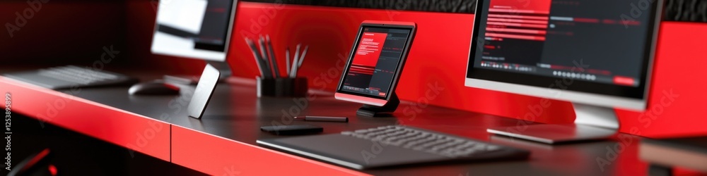 Poster A modern office setup with computer monitor, keyboard, and mouse