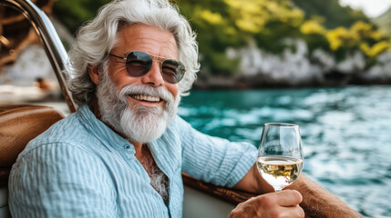 A man with a white beard smiles while relaxing on a boat, holding a glass of wine. Surrounded by beautiful ocean views, he embraces leisure and friendship during his vacation