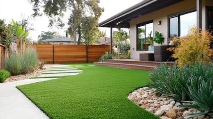 Naklejka premium House exterior showcasing an eco-friendly front yard with artificial grass, wooden fencing, and drought-tolerant plants.