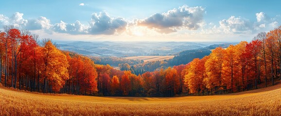Autumn sunset over hilltop forest, valley view