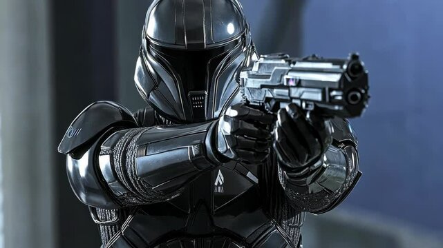 Futuristic armored figure aiming a blaster in a dimly lit sci-fi setting