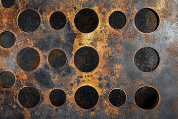 Rusted metal plate with circular holes, industrial backdrop
