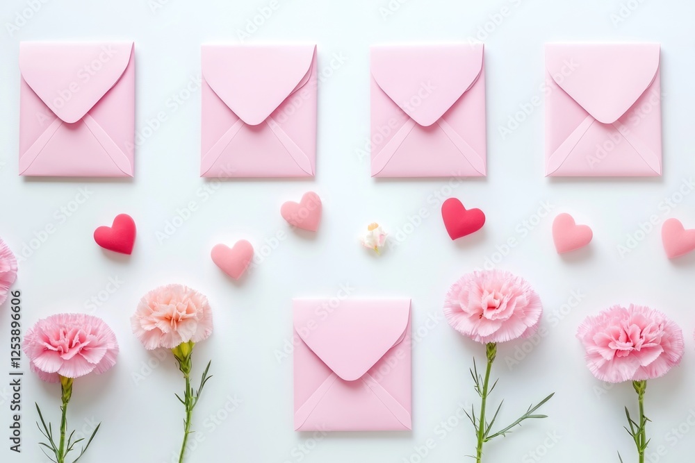 Poster a close-up of pink envelopes and carnations surrounded by hearts on a white background