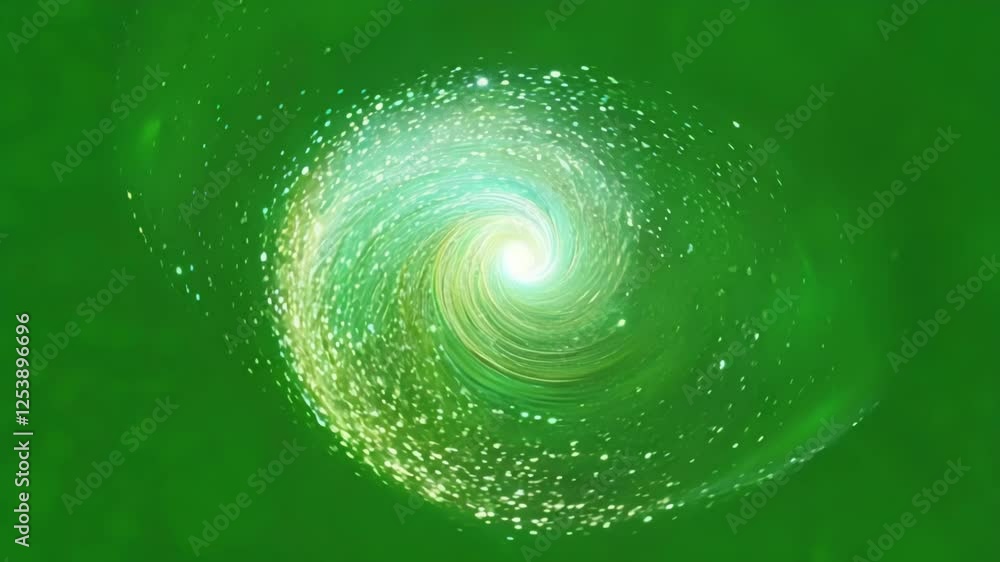 Poster shimmering lights orbiting each other creating a mesmerizing spiral against a grassy hue. green scre