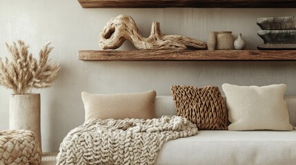 Minimalist living space with a neutral color palette, textured throw pillows, and abstract sculptural decor on the shelves.