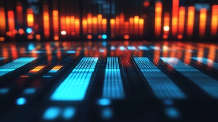 Abstract Digital Audio Visualizer with Glowing Blue and Orange Bars Reflecting on a Polished Surface