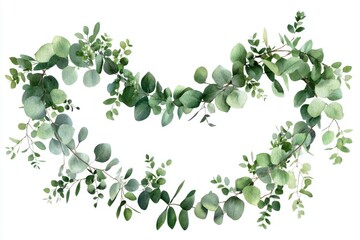 A beautiful watercolor painting of a heart made from eucalyptus leaves, perfect for use in designs related to nature, love, and wellness