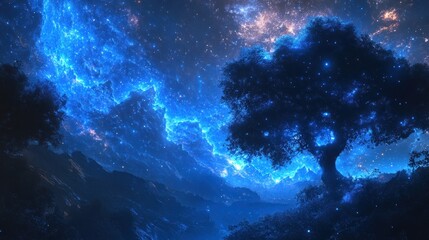 Celestial Nightscape: A Glowing Tree Under a Starry Sky