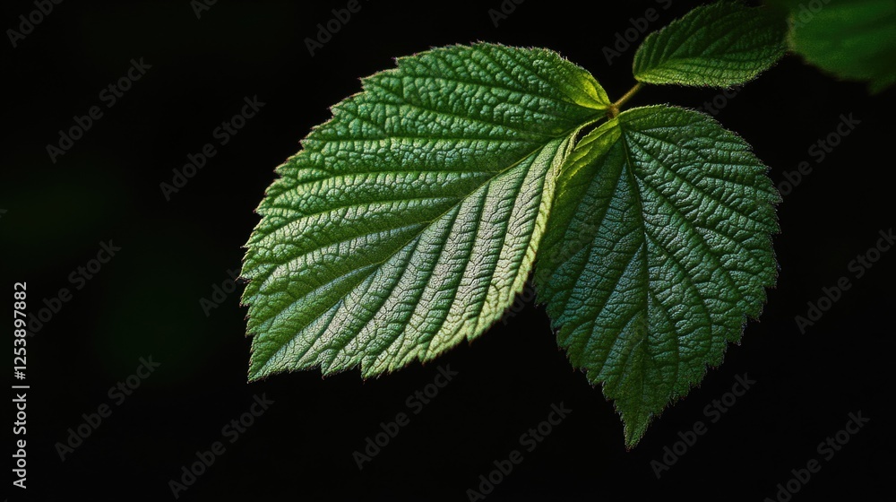 Poster a close-up view of a single leaf on a dark, matte black background
