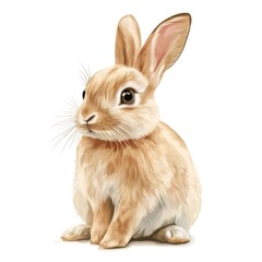 Fototapeta premium A brown rabbit sitting on the edge of a white floor, looking around curiously