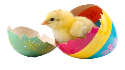 Cute Yellow Easter Chick Emerging from Colorful Broken Egg on Transparent Background PNG